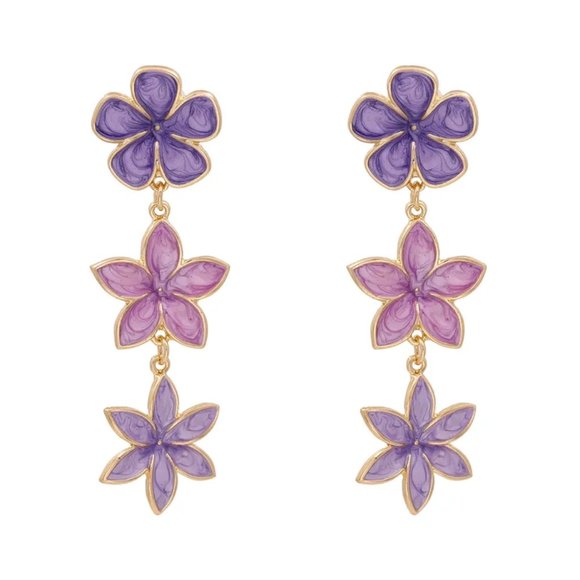 Three Tier Lilac Purple Floral Flower Drip Oil Enamel Drop Earrings NEW - Picture 2 of 4